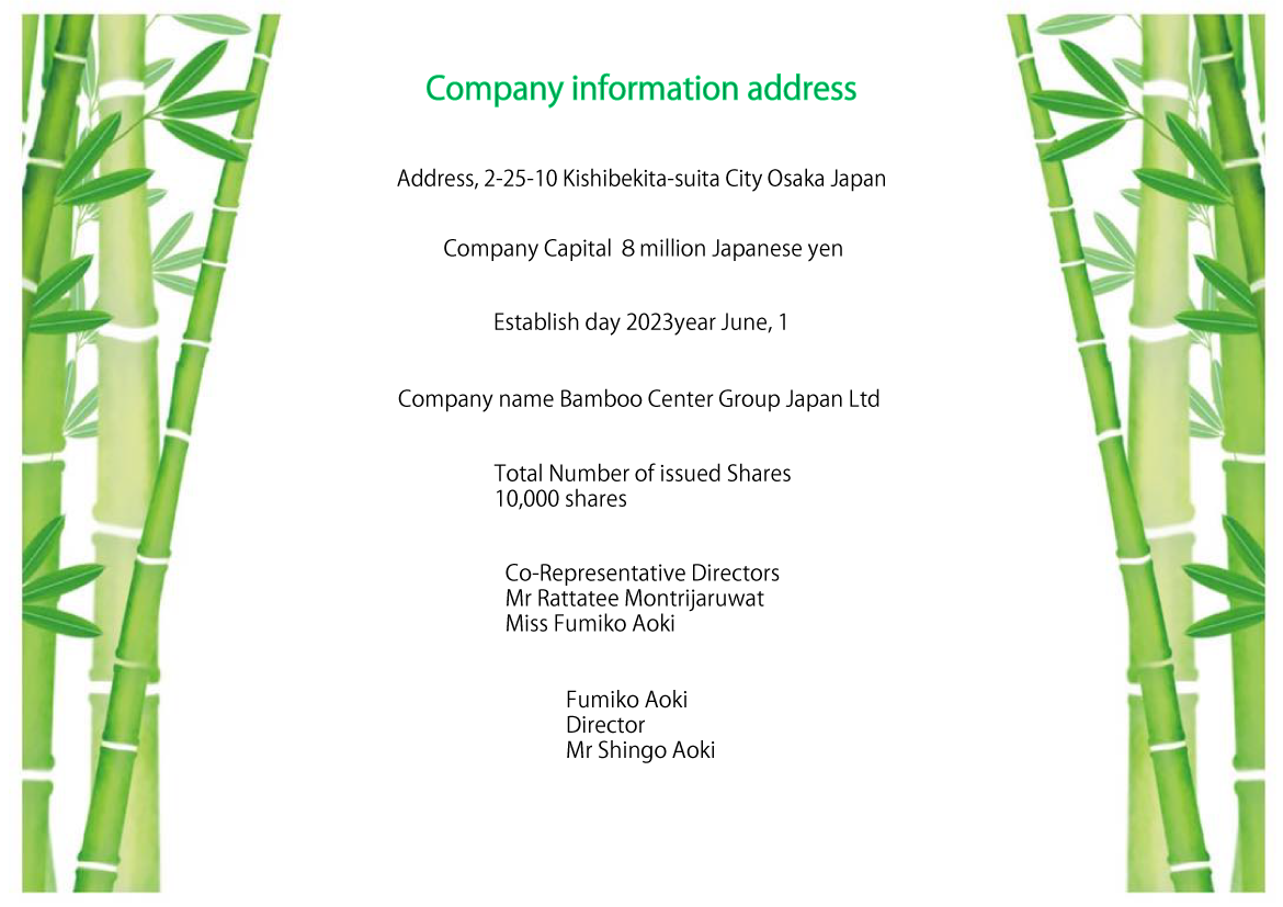 Company information address
Address, 2-25-10 Kishibekita-suita City Osaka Japan