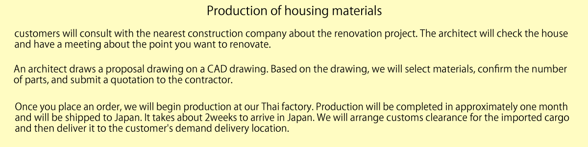 customers will consult with the nearest construction company about the renovation project. The architect will check the house and have a meeting about the point you want to renovate.
An architect draws a proposal drawing on a CAD drawing. Based on the drawing, we will select materials, confirm the number of parts, and submit a quotation to the contractor.
Once you place an order, we will begin production at our Thai factory. Production will be completed in approximately one month and will be shipped to Japan. It takes about 2weeks to arrive in Japan. We will arrange customs clearance for the imported cargo and then deliver it to the customer's demand delivery location.
